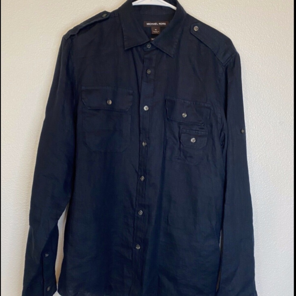 Michael Kors Blue Long Sleeve 100% Linen Shirt